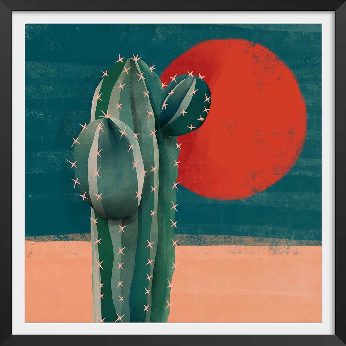 Affiche illustration cactus et soleil rouge Affiche + cadre en bois - Noir