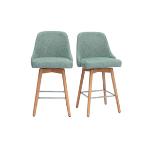 Tabourets de bar scandinaves pivotants 360° en tissu effet velours texturé vert céladon et bois hêtre massif H65 cm (lot de 2) HASTA