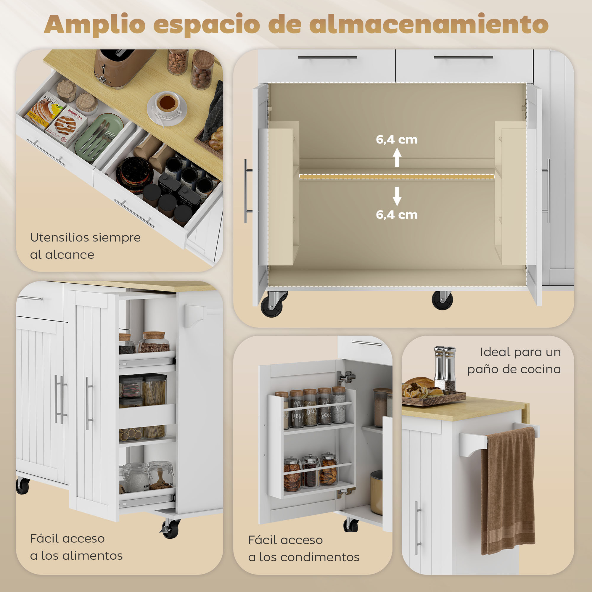 Isla de Cocina con Ruedas, Encimera Plegable, Carro de Cocina con 2 Puertas con Cierre Suave, Bandeja Extraíble de 3 Niveles, 2 Cajones, Barra para Colgar, Blanco
