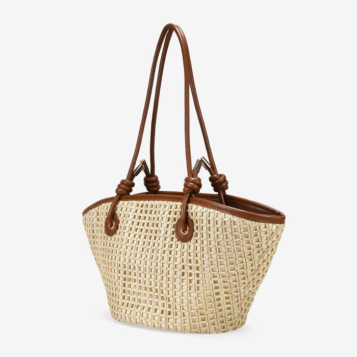 Bolso de hombro beige en rafia con doble asa