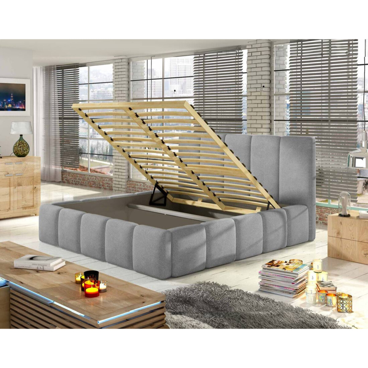 Lucea - lit coffre - 180x200 - sommier inclus - en velours - Gris clair
