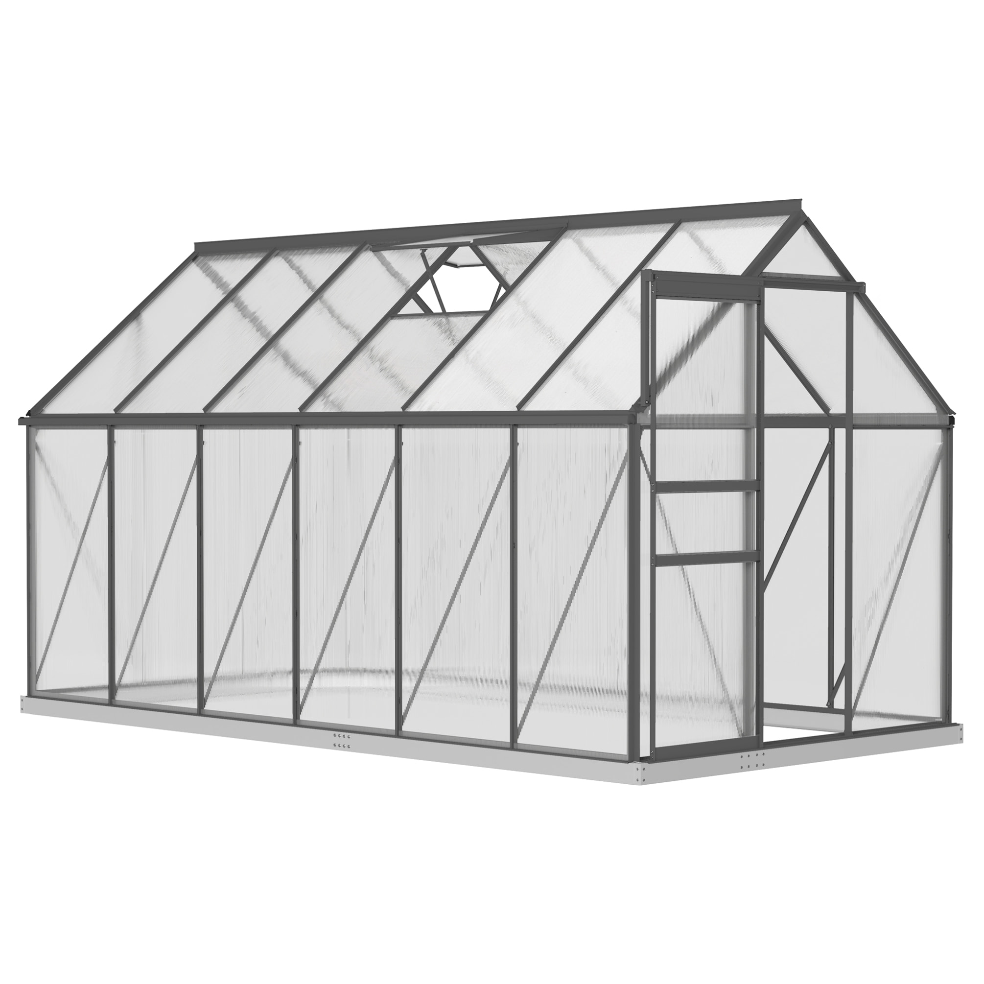 Serre de jardin polycarbonate alu 7 m² dim. 3,75L x 1,9l x 1,99H m lucarne réglable fondation porte coulissante gris
