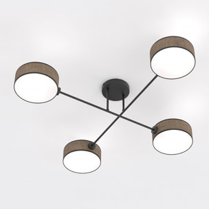 Lampada a sospensione Maga 4 luci in acciaio nero e tessuto marrone