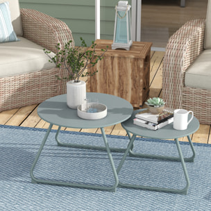 Juego de 2 Mesas de Jardín Apilables Mesas Auxiliares de Jardín Redondas con Estructura de Metal y Recubrimiento Epoxi Anticorrosivo para Balcón Terraza Patio Azul