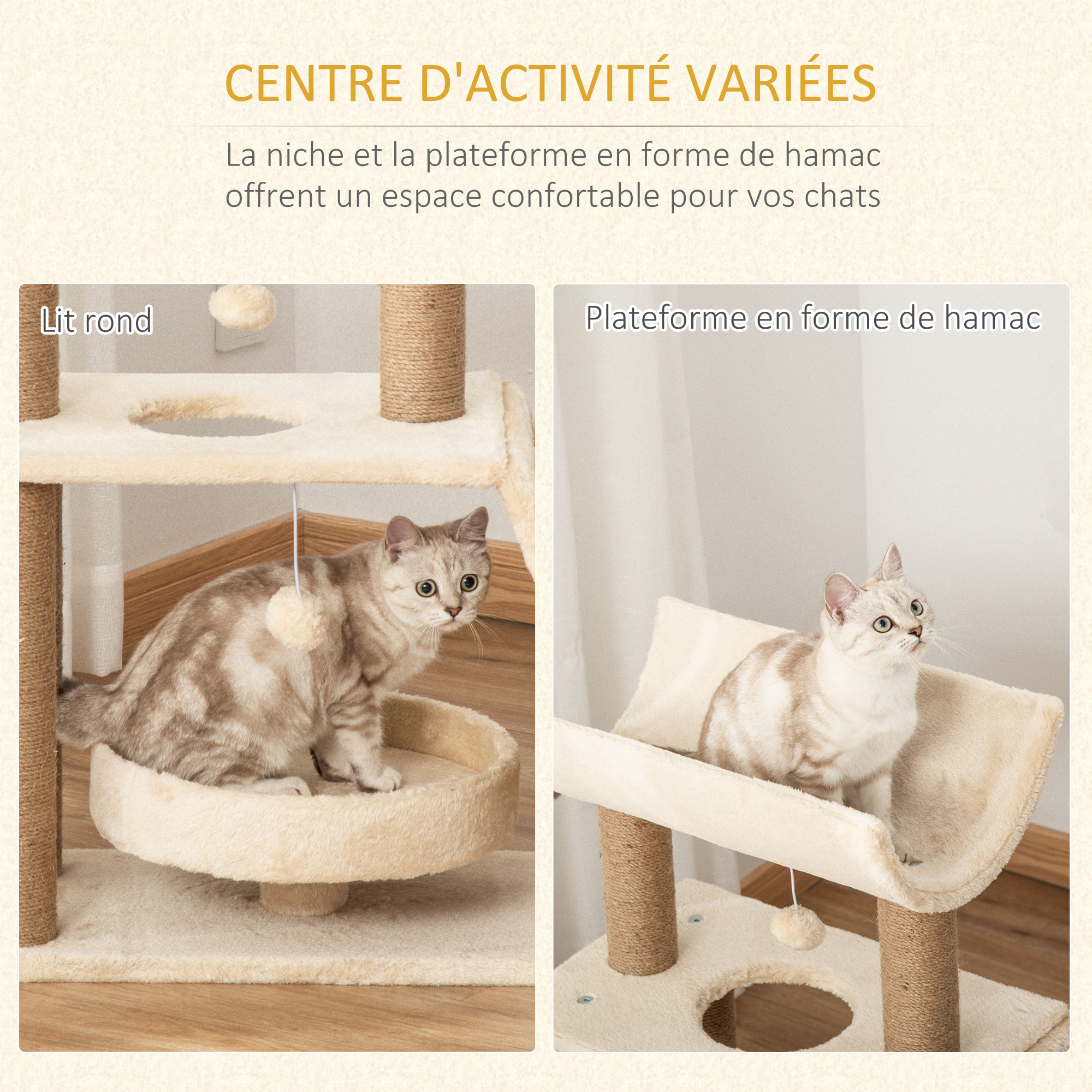Arbre à chat griffoirs grattoir jeu boules suspendues plateformes ronde, rectangulaire et demi-cylindrique peluche jute naturelle beige