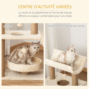 Arbre à chat griffoirs grattoir jeu boules suspendues plateformes ronde, rectangulaire et demi-cylindrique peluche jute naturelle beige