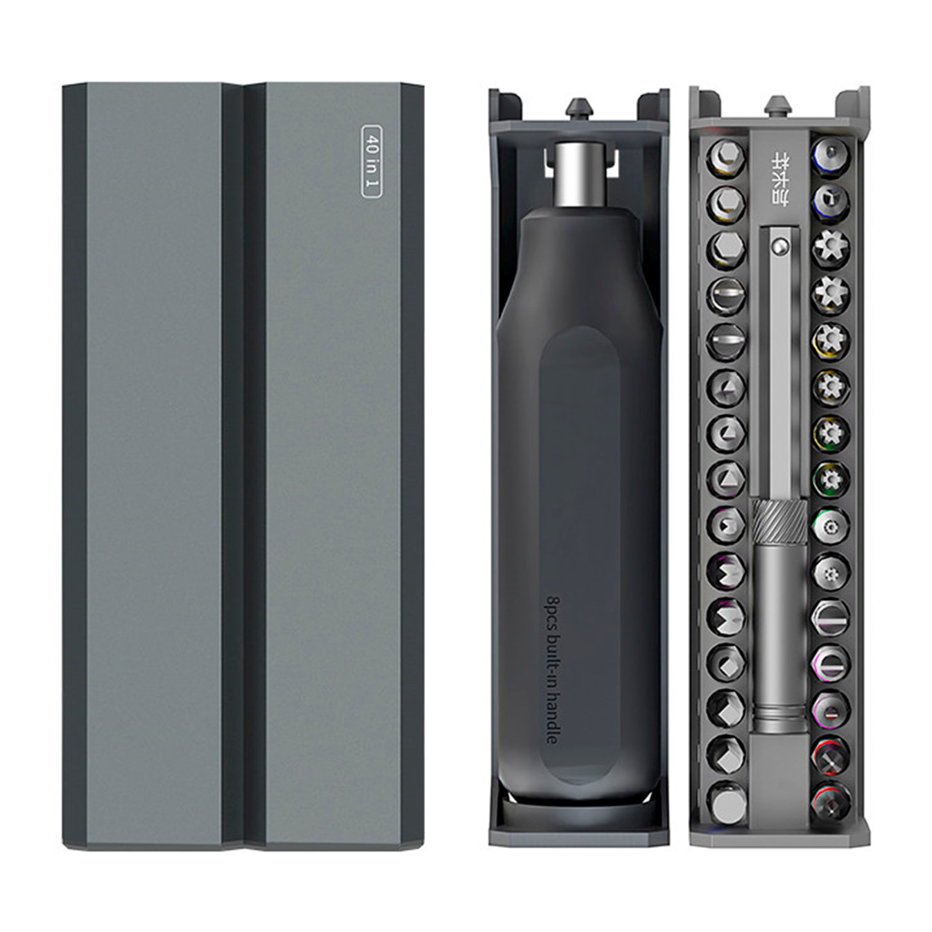 Destornillador multifunción 40 en 1 con carcasa de aluminio y compartimento para 8 puntas favoritas.