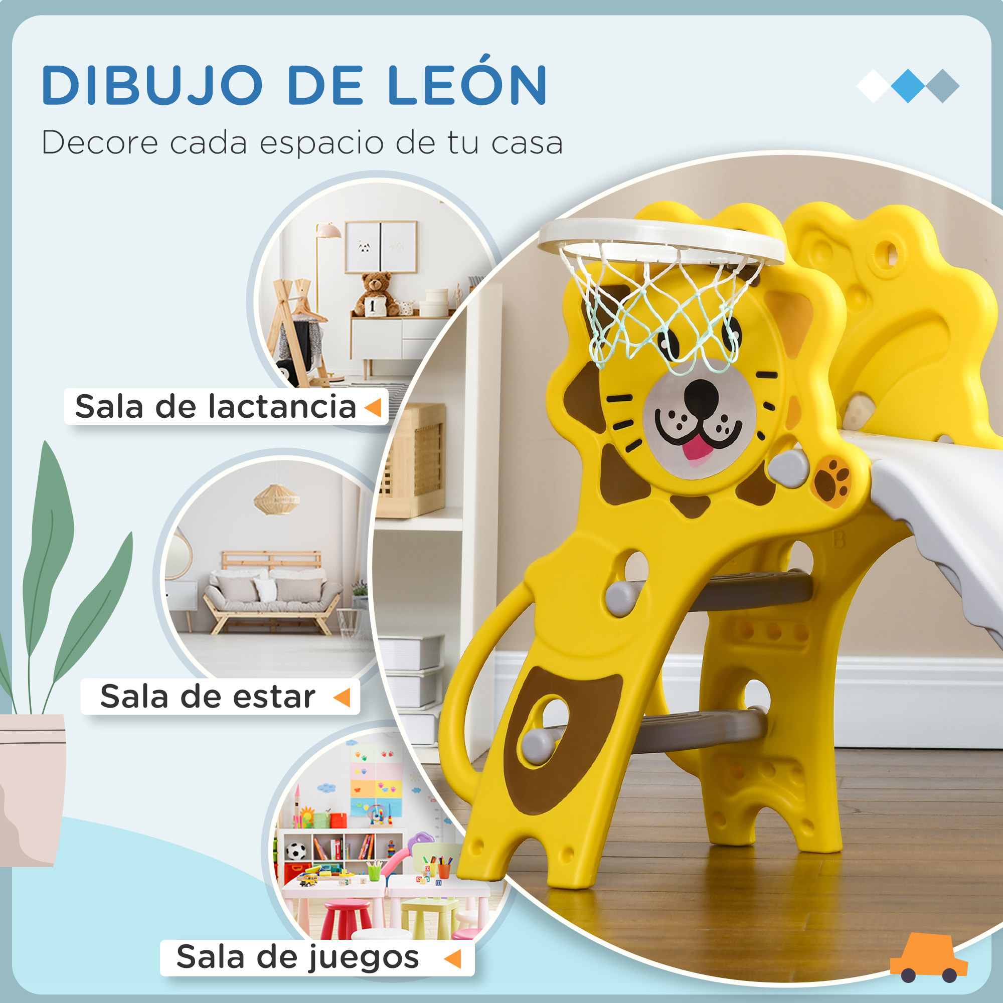 Tobogán Infantil 2 en 1 Tobogán para Niños de 18 a 36 Meses con 2 Escaleras 1 Canasta de Baloncesto y Patrón de León para Interior 131x50x74 cm Amarillo y Gris