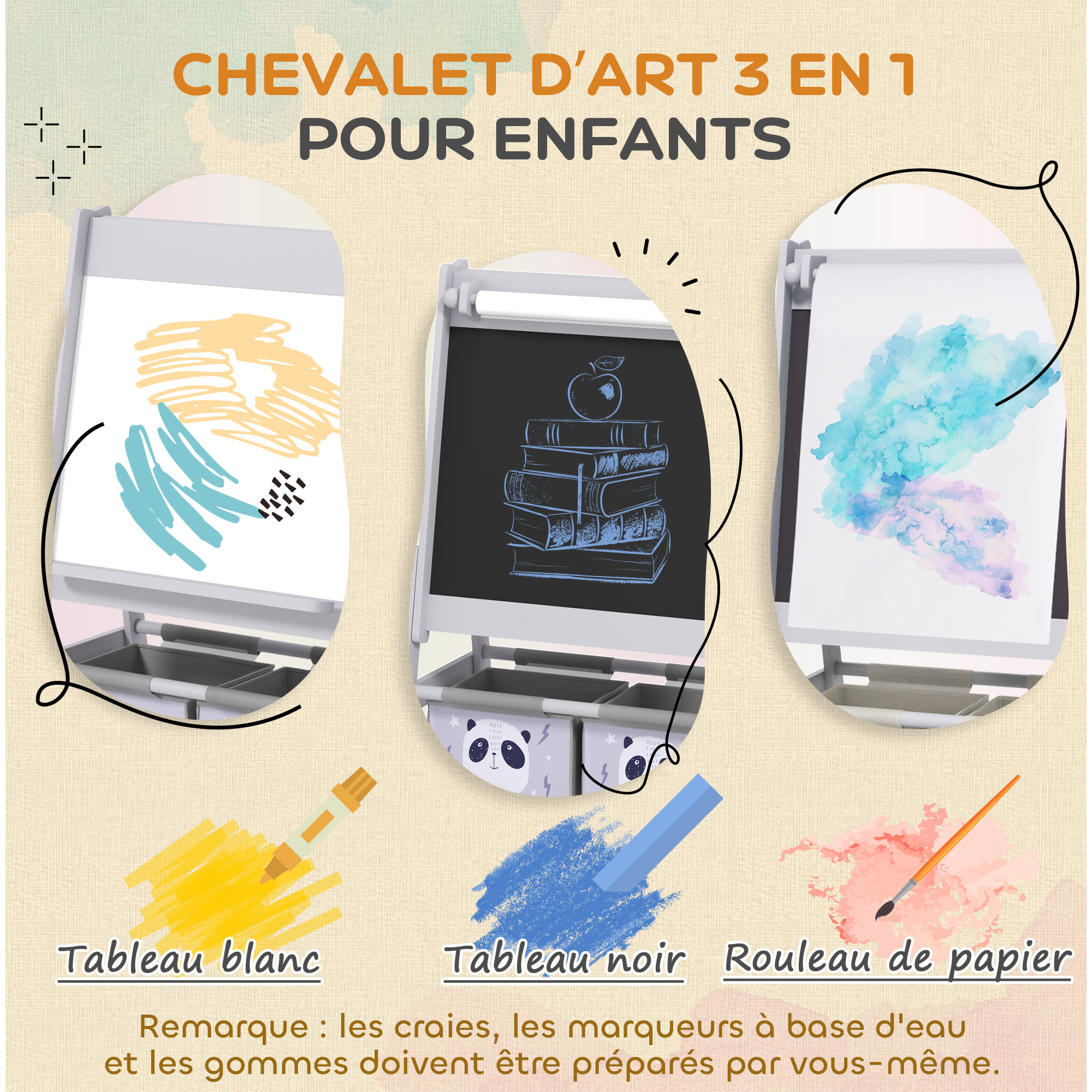 Tableau chevalet enfant - tableau blanc, tableau à craie, rouleau papier 3 en 1 - paniers rangement intégrés - MDF pin gris