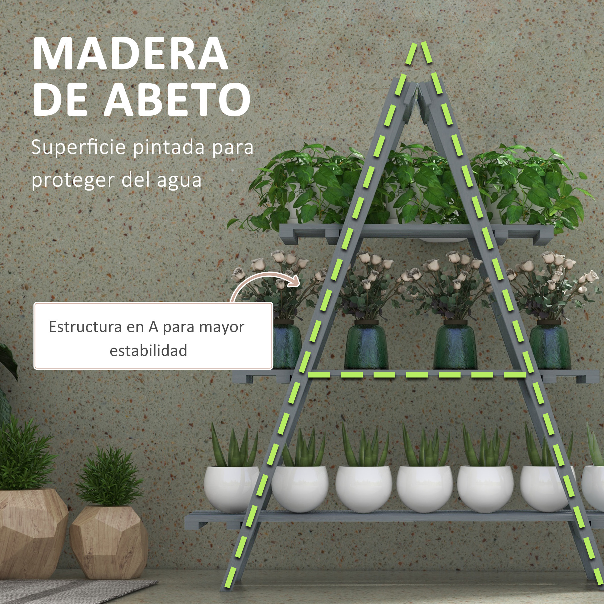 Estantería para Plantas Plegable de Madera Soporte para Macetas de 3 Niveles con Marco en A para Exteriores Interiores Salón Jardín Balcón 100x36x112 cm Gris
