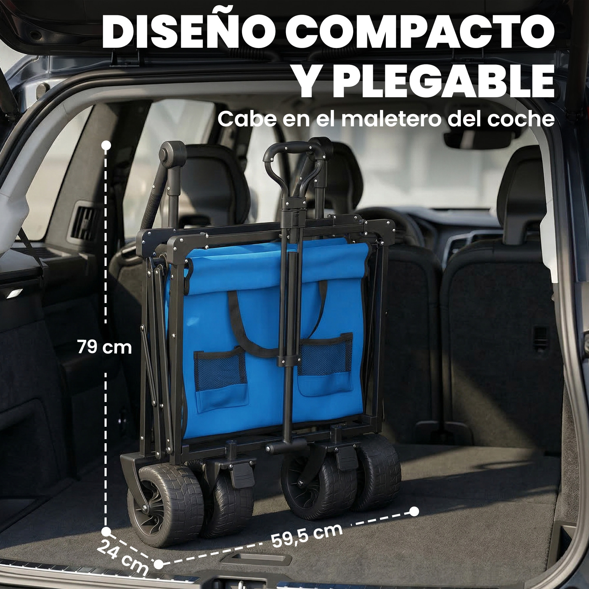Carro Playa con Ruedas Grandes con Freno, Techo Extraíble, Carro Plegable para Jardín con Barra Ajustable, Portavasos y Bolsillos, Carga 100 kg, para Todo Terreno, Campaña, Compras, Azul