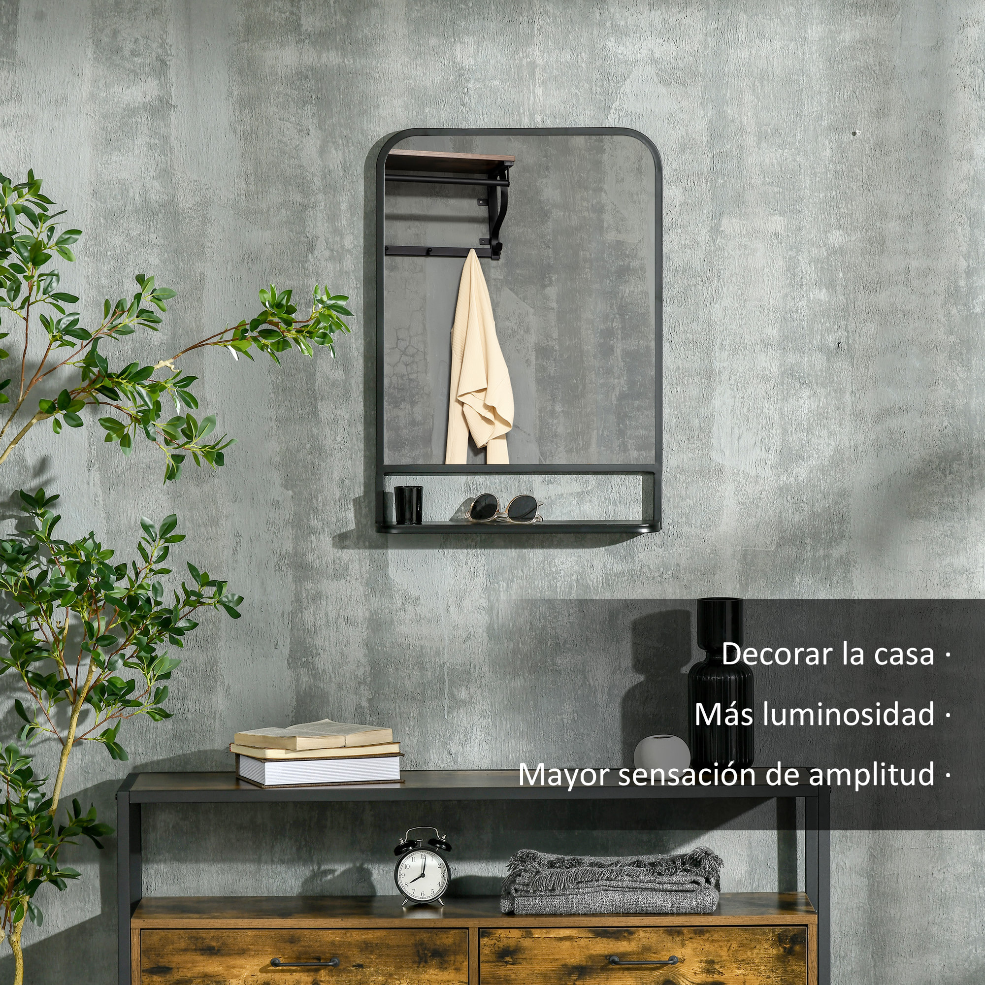 HOMCOM Espejo Decorativo de Pared 50x70 cm Espejo Rectangular de Metal con Estante de Almacenamiento para Salón Dormitorio Entrada Estilo Moderno Negro