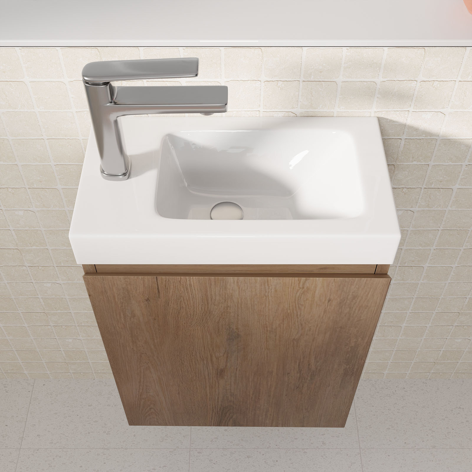 Meuble Lave Mains Décor Bois 40x50x22 cm avec Vasque en SMC Blanche - ELEMENTARY
