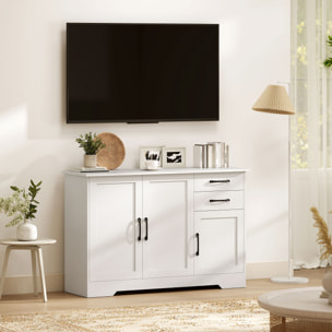Buffet contemporain 3 portes étagère 2 tiroirs poignées métal noir effet bois blanc