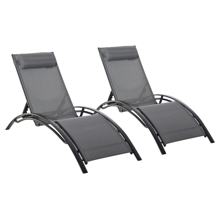 Juego de 2 Tumbonas de Jardín Relax con Marco de Aluminio Tumbonas Reclinables con Respaldo Ajustable en 5 Posiciones y Reposacabezas para Terraza Balcón 171x64x82 cm Gris