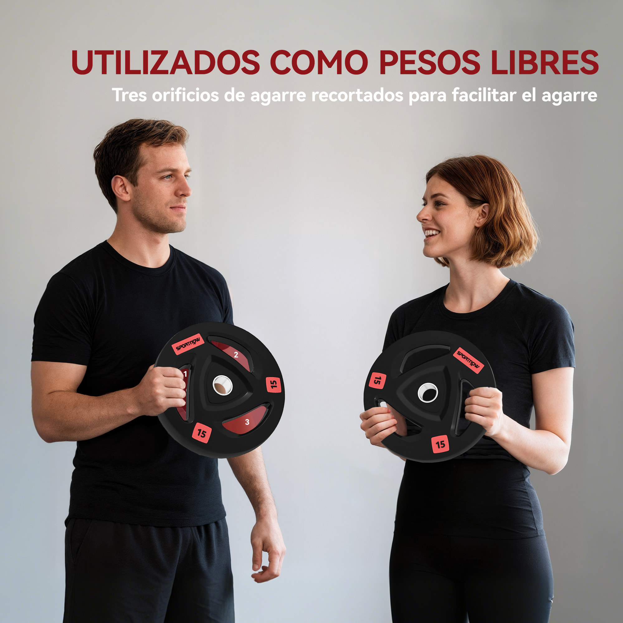 Discos Pesas Olímpicos 15 kg, Agujero Ø50 mm, de Hierro Fundido, Recubierta de Goma, 2 Placas de Pesas con Triple Agarre, para Mancuernas y Barras, Entrenamiento en Casa, Gimnasio, Negro