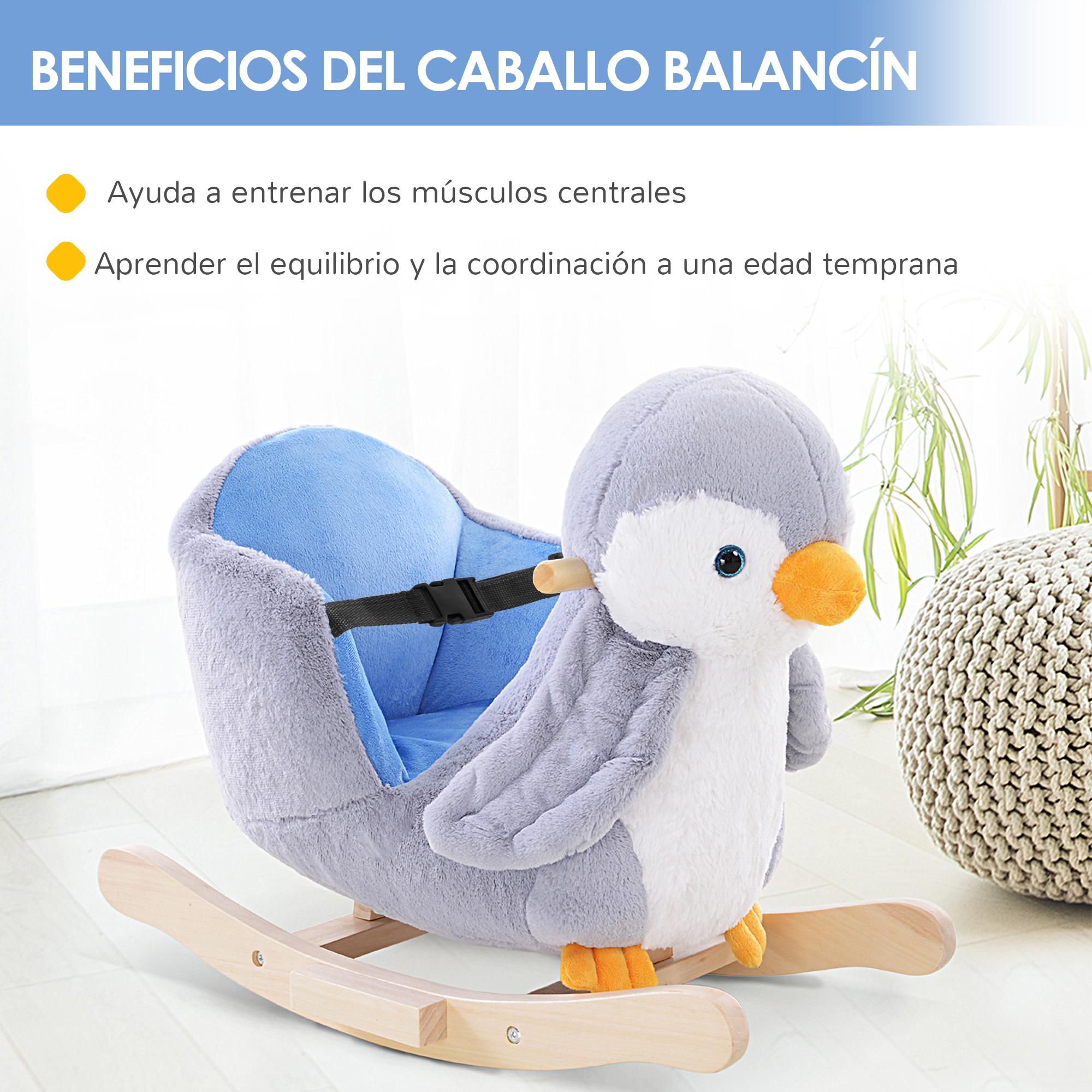 Caballito Balancín para Bebés de +18 Meses Forma de Pingüino Caballo Balancín de Madera con Músicas Infantiles y Palos Carga 40 kg 60x33x50 cm Gris