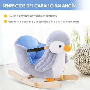 Caballito Balancín para Bebés de +18 Meses Forma de Pingüino Caballo Balancín de Madera con Músicas Infantiles y Palos Carga 40 kg 60x33x50 cm Gris