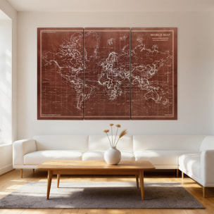 Cuadros en Lienzo Trípticos de Mapamundi Vintage a Mano, 120x60 cm, Cuadros Grandes de Arte de Pared con Marco de Madera, Decoración Elegante para Dormitorio, Salón, Cocina, Marrón