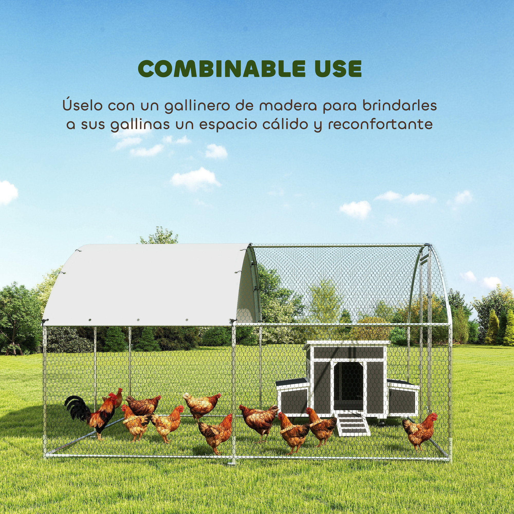 Gallinero para Exterior Grande 2,8x3,4x1,9 m, 9,5 m², Gallinero de Acero Galvanizado con Cubierta de Tela Oxford, Anti-UV e Impermeable, Puerta y Pestillos, Jaula para 10-16 Gallinas, Plata
