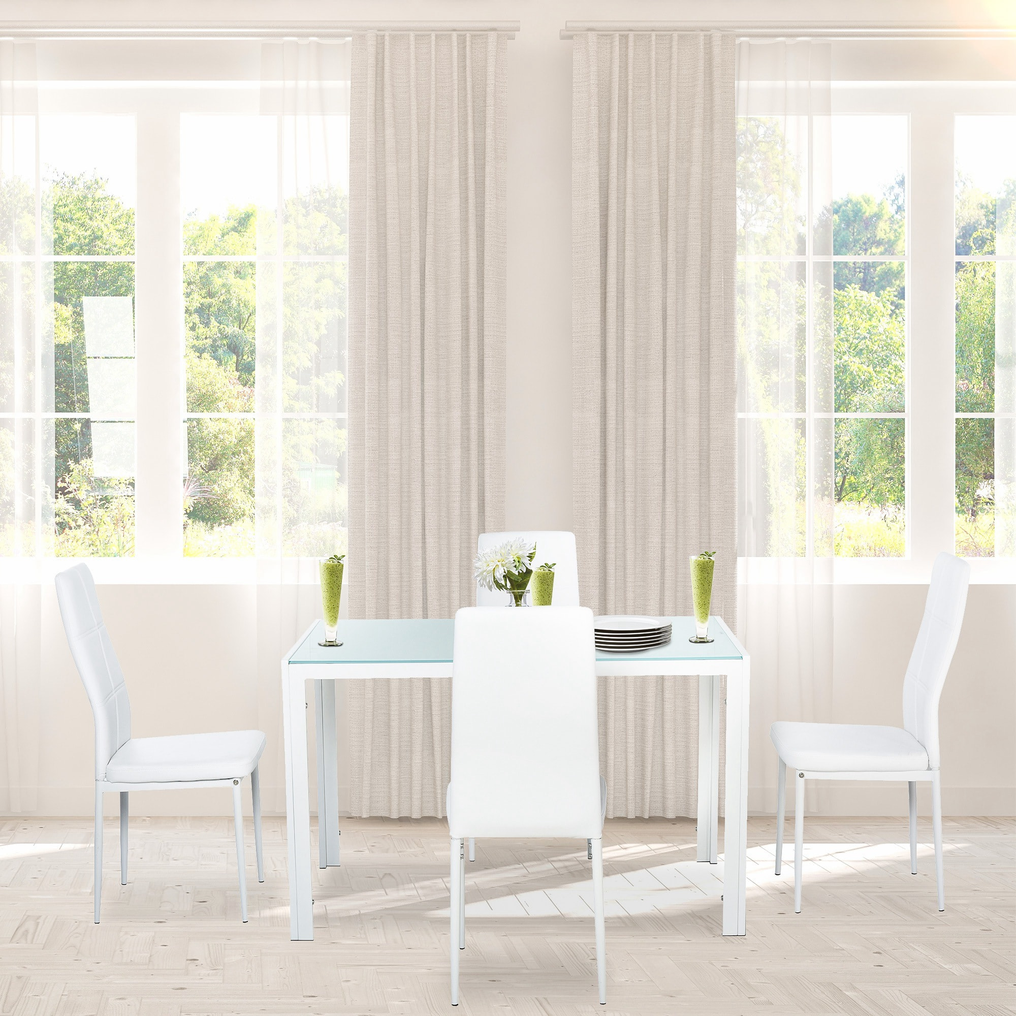Ensemble table à manger rectangulaire et 4 chaises grand confort métal blanc plateau verre trempé 8 mm