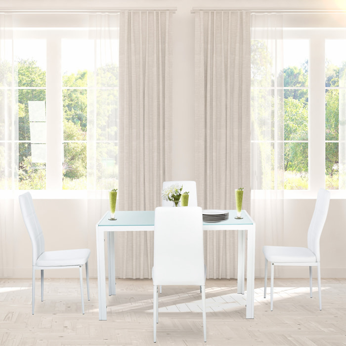 Ensemble table à manger rectangulaire et 4 chaises grand confort métal blanc plateau verre trempé 8 mm