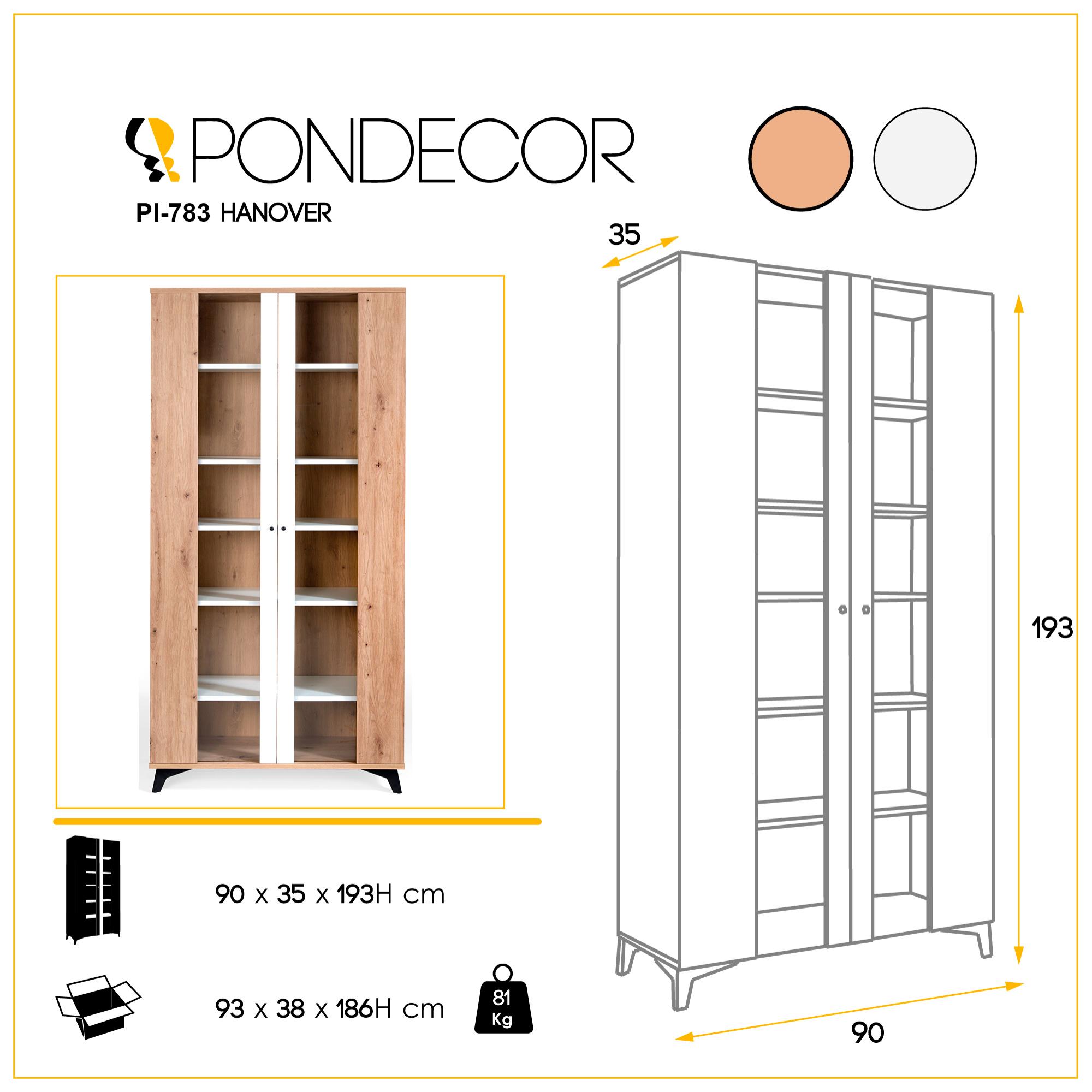 Vitrina HANOVER - 2 puertas cristal - roble y blanco - 90x35x193cm