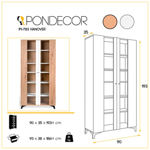 Vitrina HANOVER - 2 puertas cristal - roble y blanco - 90x35x193cm