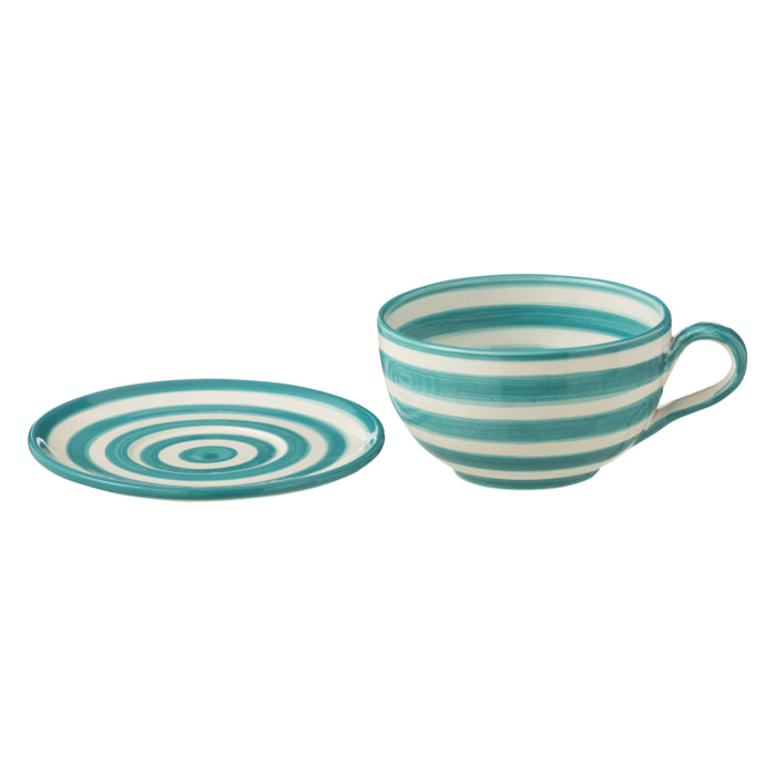 J-Line tasse + sous-tasse Granada Stripes - céramique - blanc/aqua