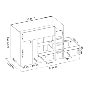Letto per bambini Cevedale, Cameretta completa con armadio e cassetti, Composizione letto a castello con due lettini singoli, 271x111h150 cm, Bianco e Rovere
