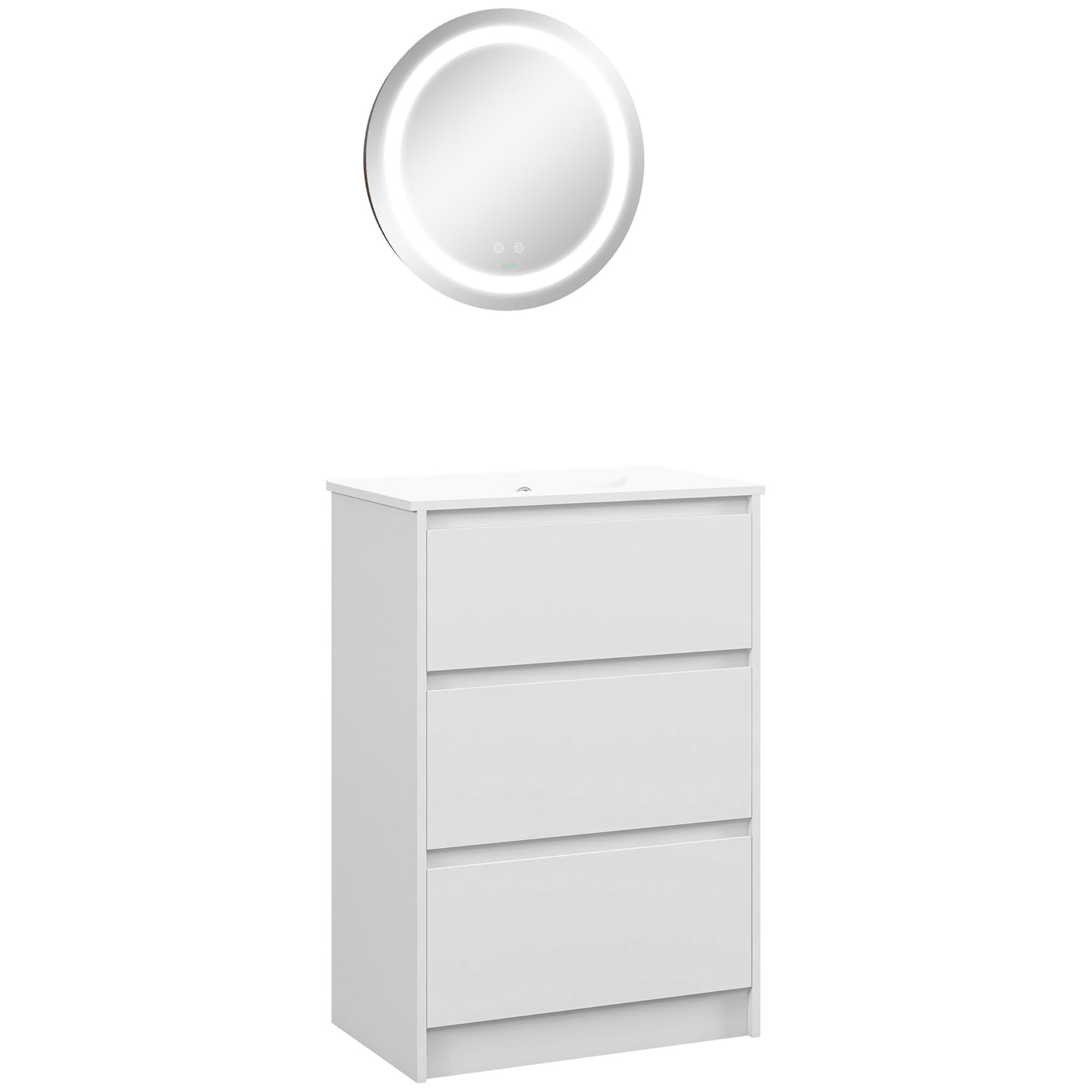 Conjunto de Baño Incluye 1 Mueble de Baño con Lavabo 61x37x88 cm y 1 Espejo de Baño con Luz LED Antivaho Interruptor Táctil Ø50x4,6 cm Blanco Brillante y Plata