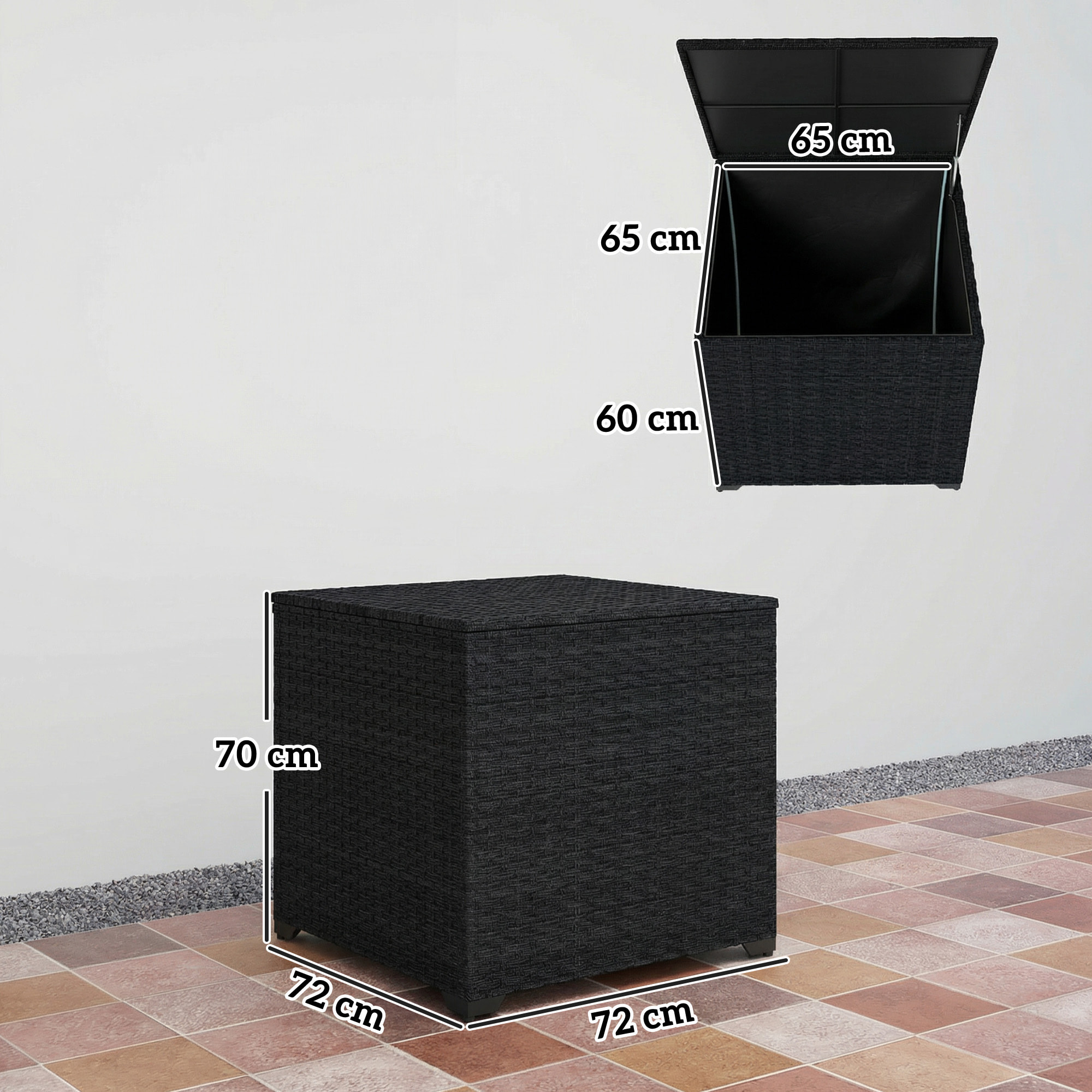 Baúl de Almacenaje Exterior de Ratán Sintético de 253L, Arcón Exterior con Varilla Hidráulica, Forro con Cremallera y Marco de Acero, Carga 50 kg, para Jardín, Terraza, 72x72x70 cm, Negro