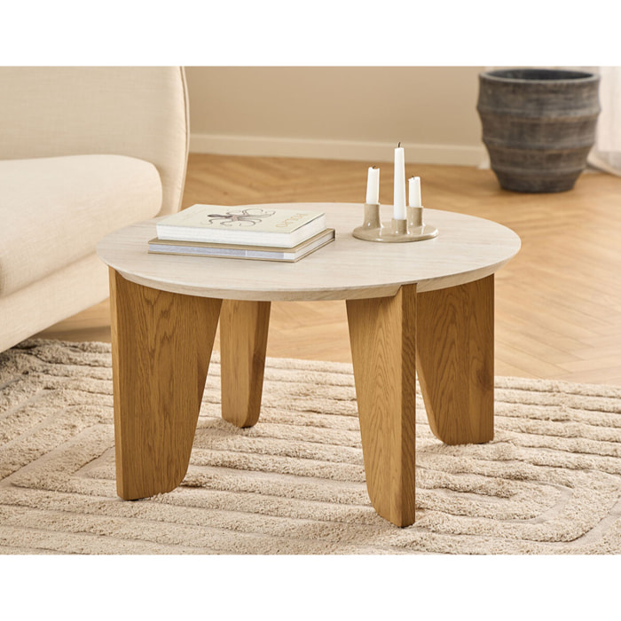 Noeva - table basse - pieds en chêne - plateau effet travertin - 80 cm - Bois