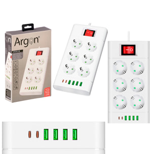 Regleta multifunción con interruptor y 2500W. Con 6 enchufes EU, 4 puertos USB y 2 puerto USB C.