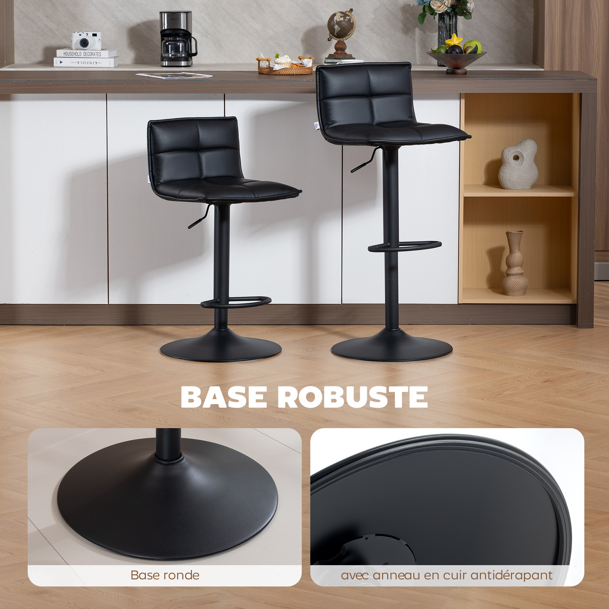Lot de 2 tabourets de bar réglable en hauteur assise pivotant PU noir