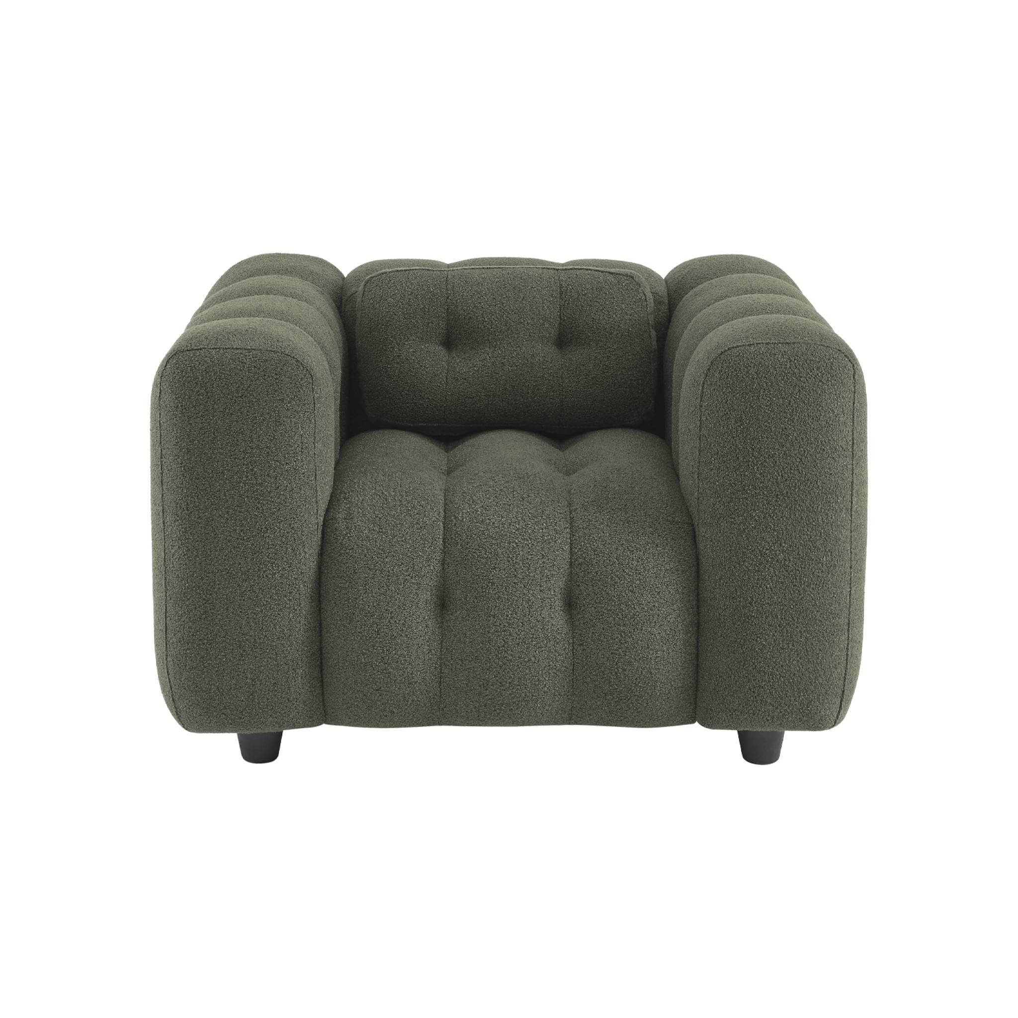 Fauteuil 1 place en bouclette texturée capitonné kaki foncé structure bois d'eucalyptus et contreplaqué