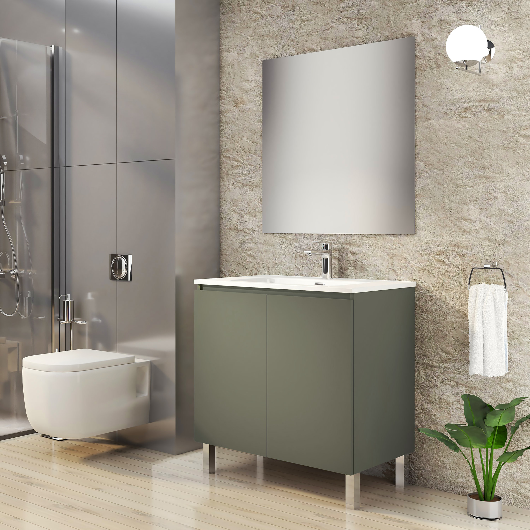 Conjunto de Baño Lust | 80 cm Verde Musgo | Dos Puertas | Lavabo Encastrado | No incluye Espejo | Mueble Montado | Alday