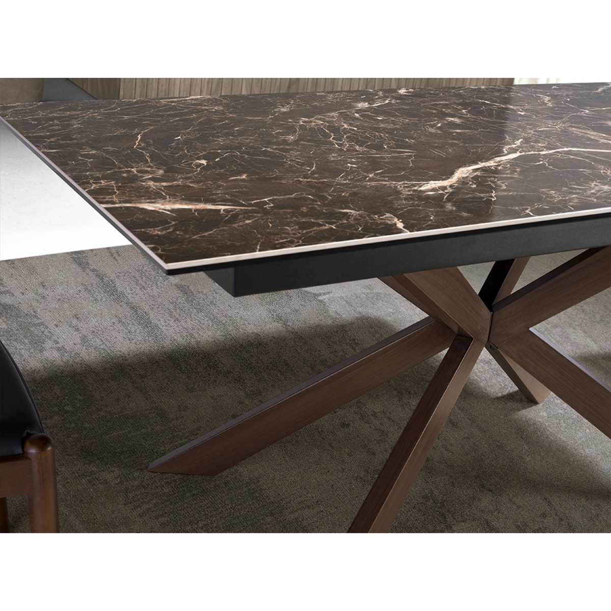 Mesa comedor extensible rectangular con tapa de mármol porcelánico en marrón con vetas crema en brillo 160x90x76cm