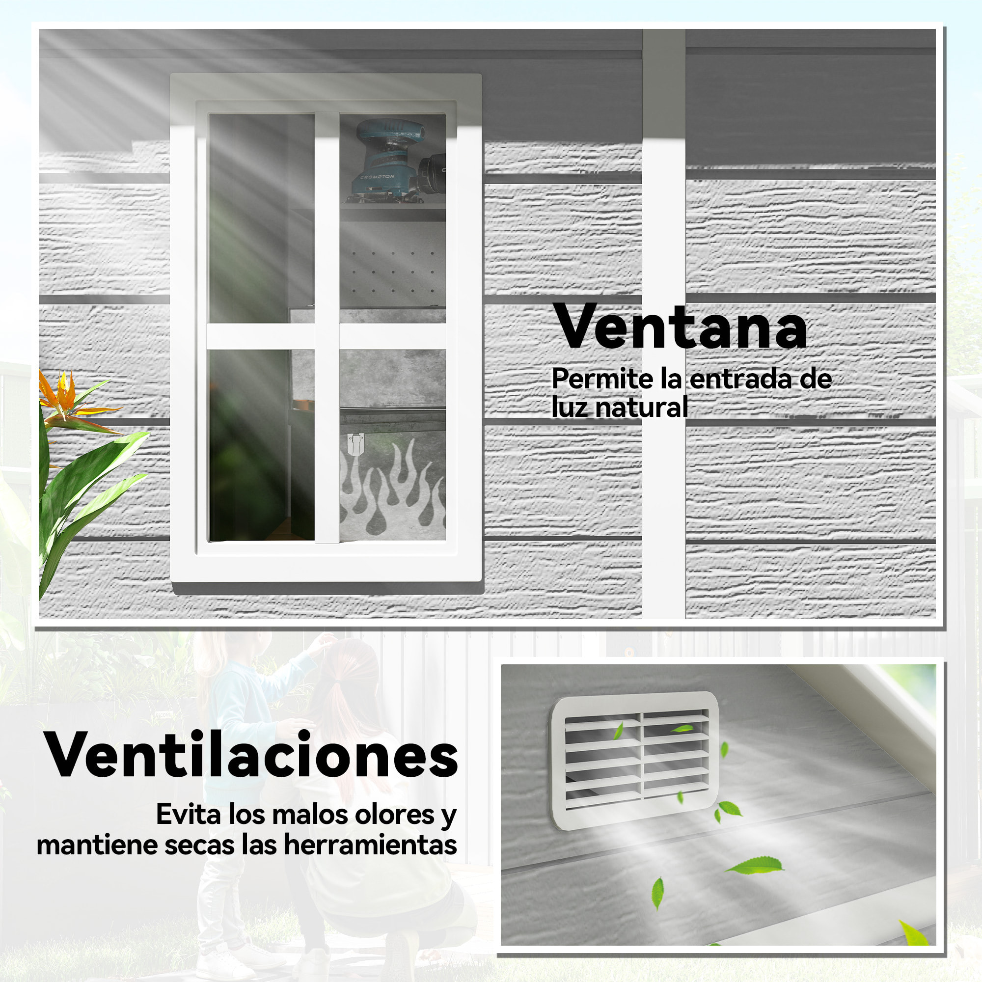 Caseta de Jardín Exterior, 2,4 m², 182x151x219 cm, Cobertizo de Jardín Exterior con Suelo, Puertas con Cerradura, Ventana y Techo Inclinado para Almacenamiento de Herramientas, Gris