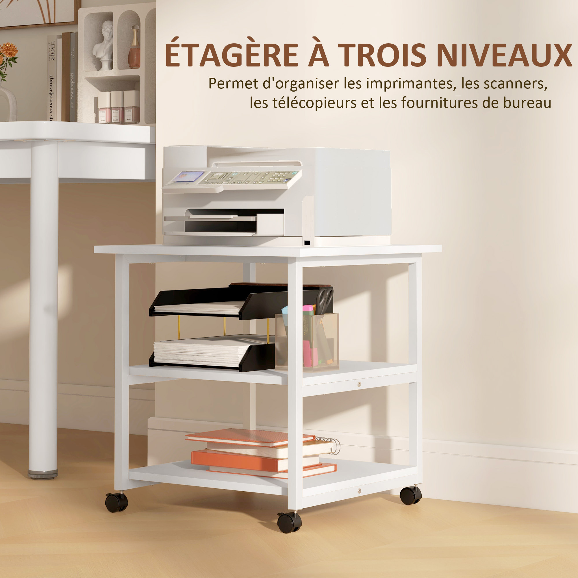 Support d'imprimante desserte de rangement 3 niveaux plateau 2 étagères acier panneaux blanc
