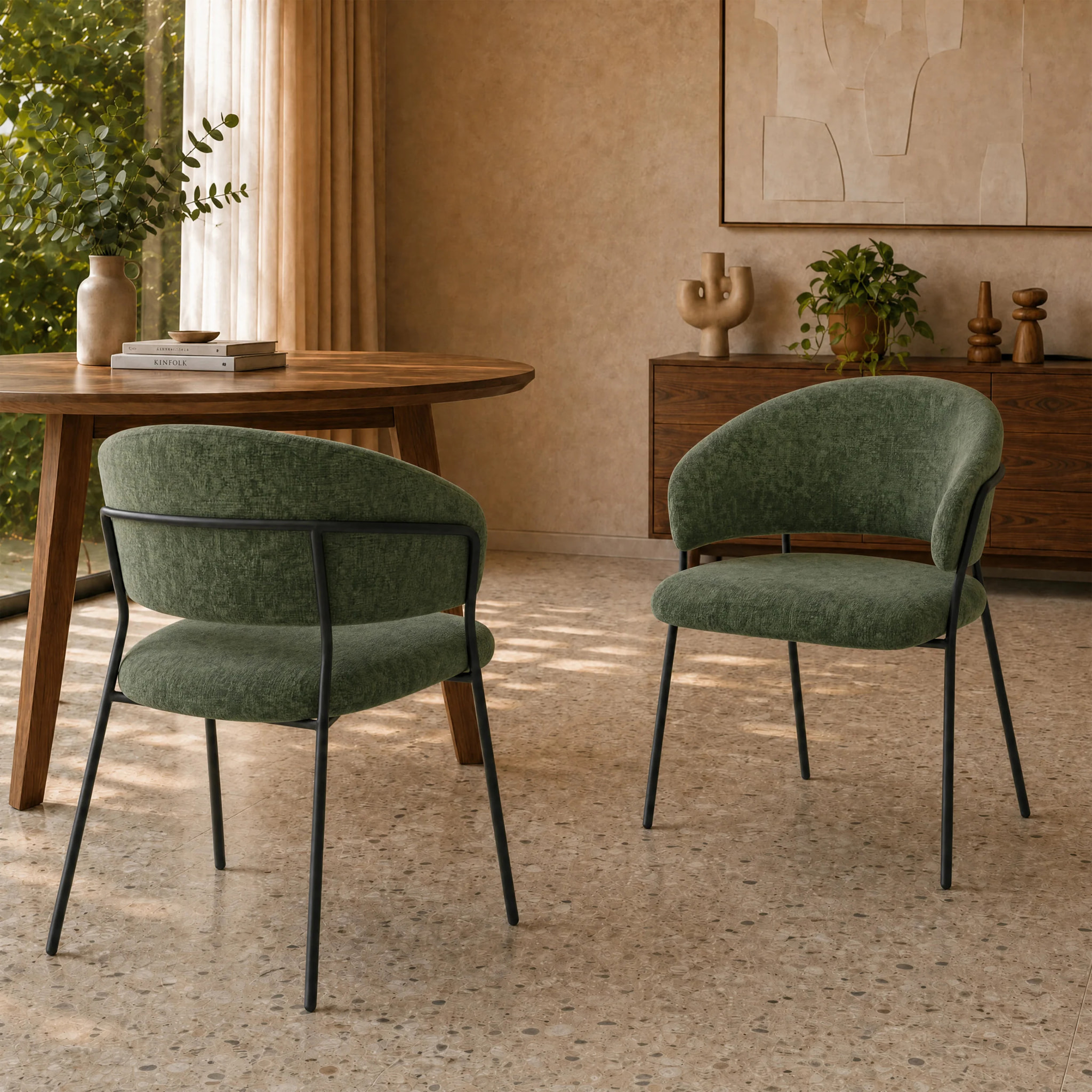 Lot de 2 chaises en tissu vert sapin et pieds en métal noir - Amaya