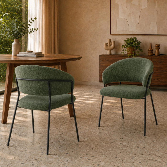Lot de 2 chaises en tissu vert sapin et pieds en métal noir - Amaya