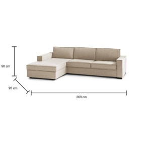 Divano letto con penisola Albenga, Sofà apertura girevole, Penisola contenitore Sinistra, Braccioli slim, 100% Made in Italy, Cm 260x95h90, Beige