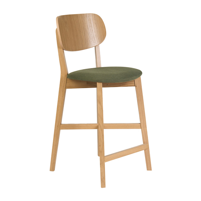 Tabouret de bar en bois clair chêne et tissu effet velours texturé vert kaki H65 cm LUCIA