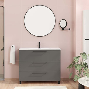 Ensemble De Salle De Bain Haru | Meuble De Salle De Bain Avec Pieds | 100 Cm Gris Mat| 3 Tiroirs | Vasque Ceramique | N'Inclut Pas Miroir | Alday