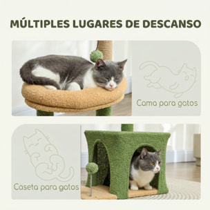 Árbol Rascador para Gatos 98 cm, Torre para Gatos con Hojas Artificiales, Cueva, Cama, Postes Rascadores, 2 Bolas de Juguete, Cubierto de Terciopelo, Verde