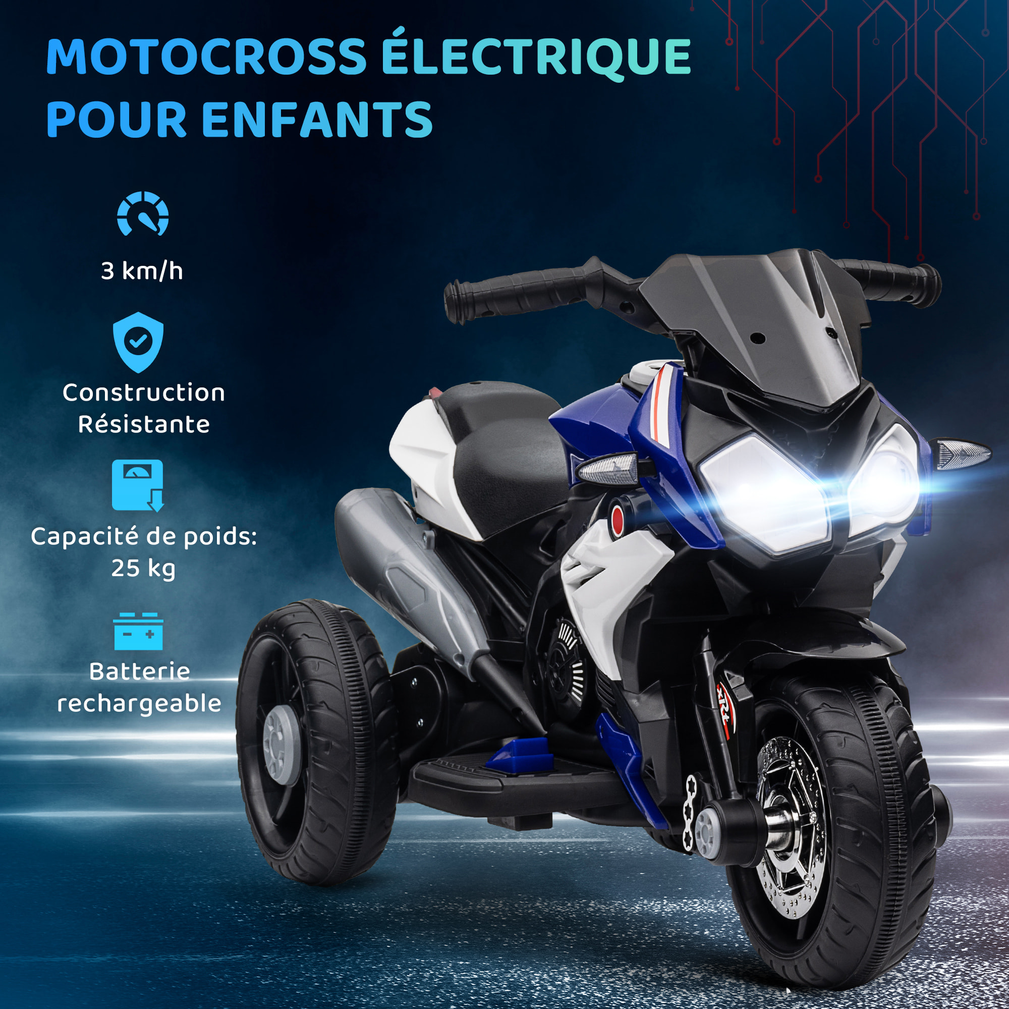 Moto électrique pour enfants 3 roues 6 V 3 Km/h effets lumineux et sonores bleu