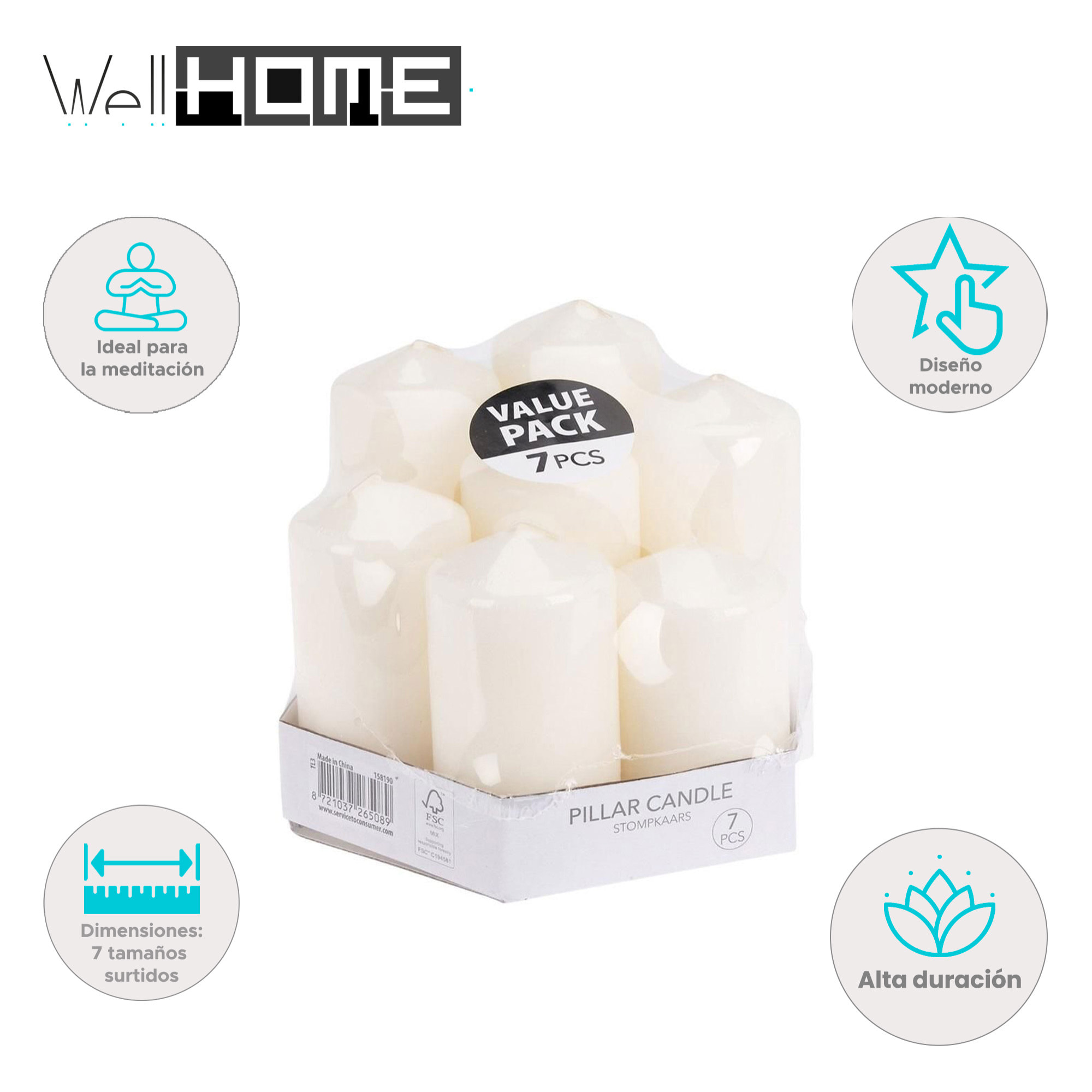 Well home set de velas blancas sin esencia: 7 tamaños surtidos en caja retractilada