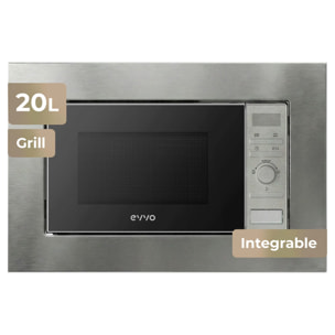 EVVO Microondas integrable Mi30 Inox, 21L , Grill 1000W, Efecto Brillante, Multifunción, Función Descongelar, Temporizador