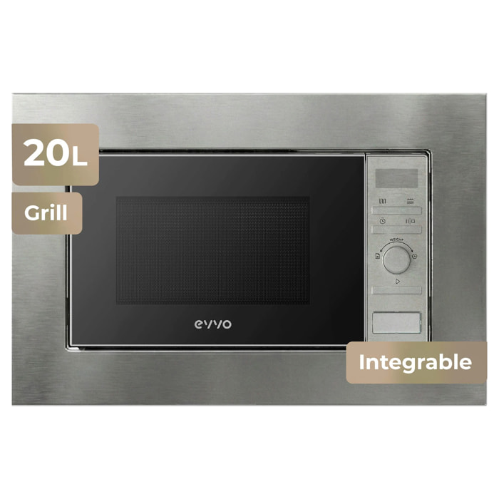 EVVO Microondas integrable Mi30 Inox, 21L , Grill 1000W, Efecto Brillante, Multifunción, Función Descongelar, Temporizador